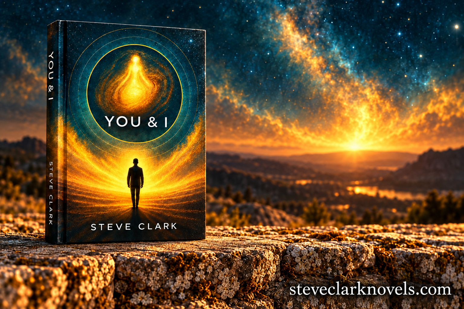 You & I by Steve Clark resting on a stone wall beneath a golden cosmic sky