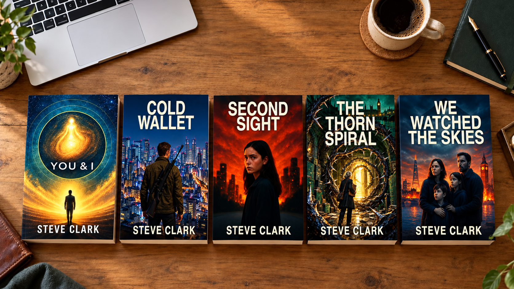 Five books by Steve Clark on an oak writing desk. Select a cover to read its synopsis.