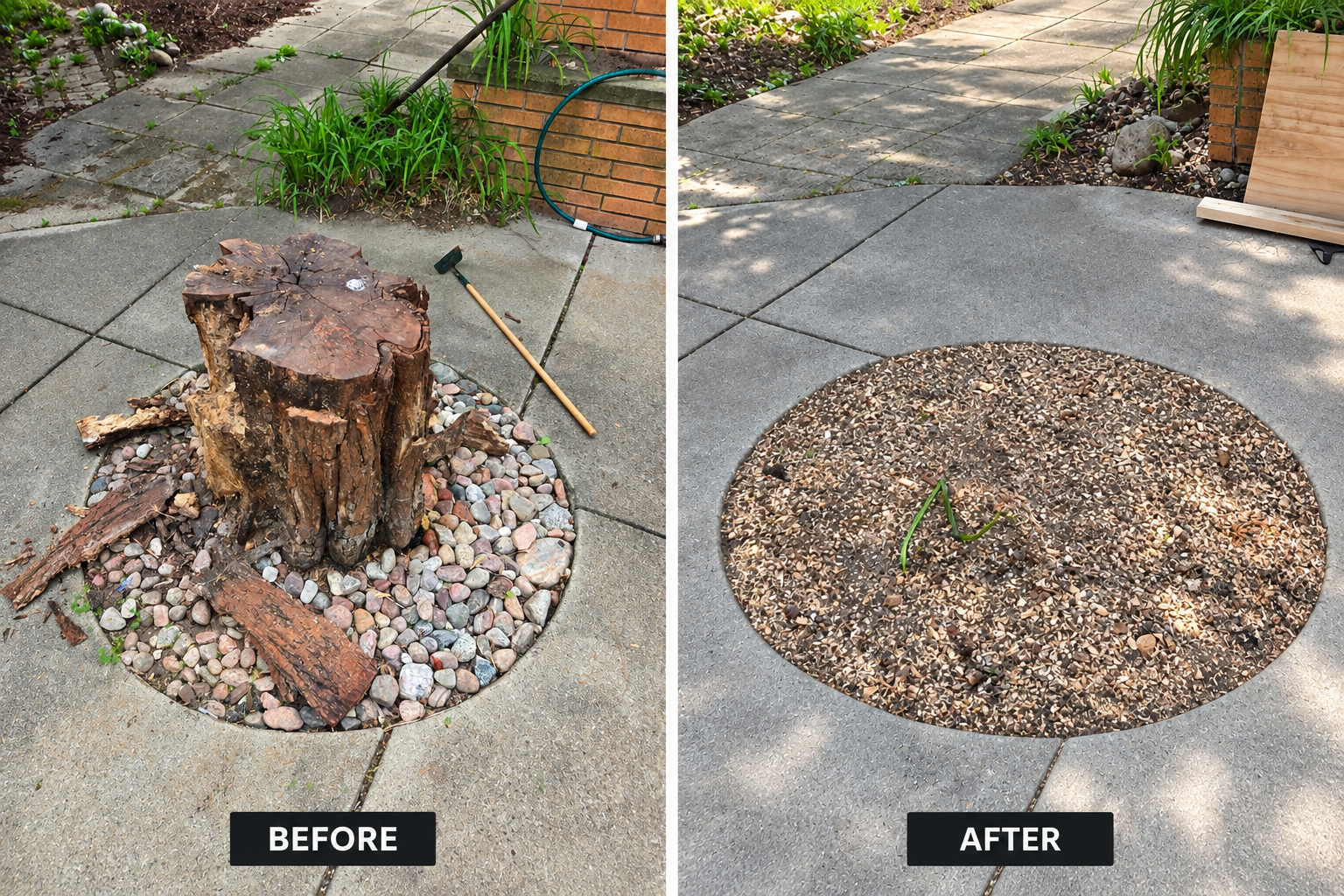 Before and after comparison of a stump ground out of a concrete patio cutout in Royal Oak MI