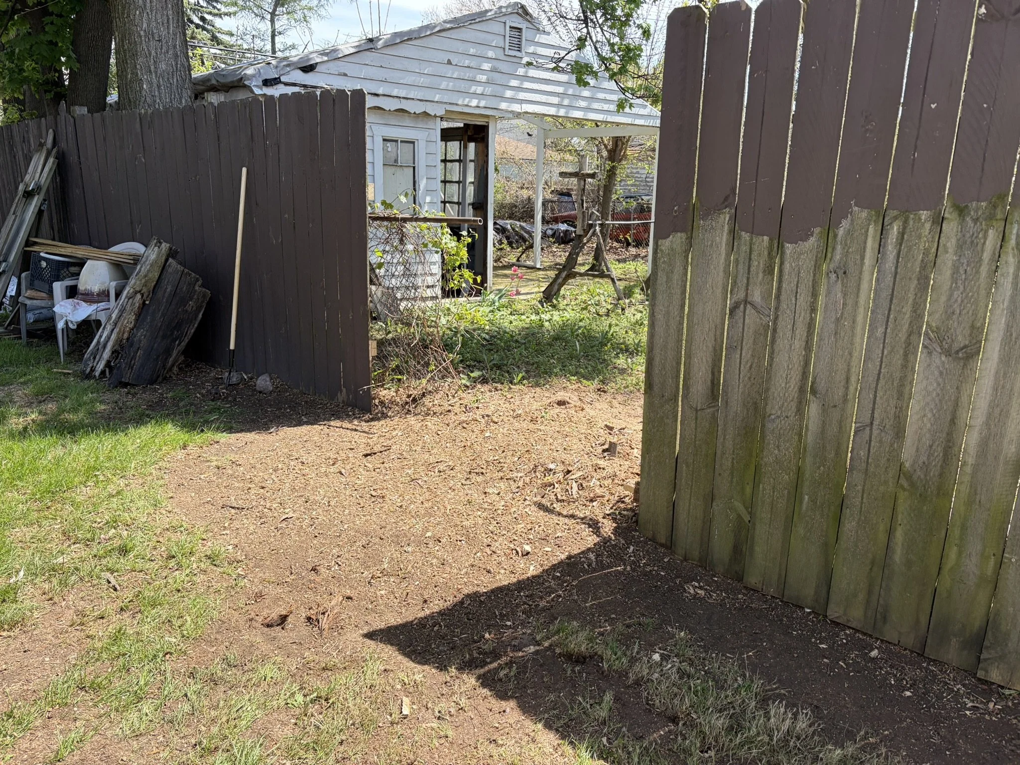 Clean ground site after removing a stump that had grown around a steel fence