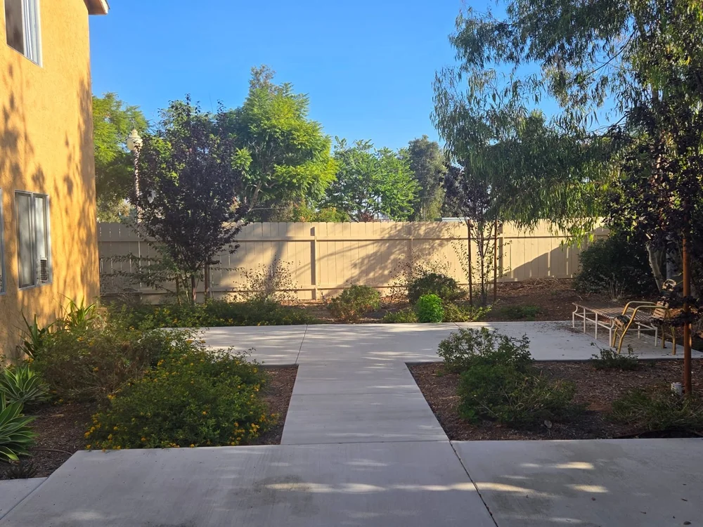 Landscaped courtyard with walkways and new planting at a San Diego apartment property