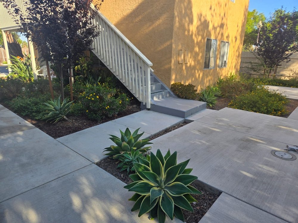 Agaves and shrubs beside the stair landing of a multi-family building in San Diego