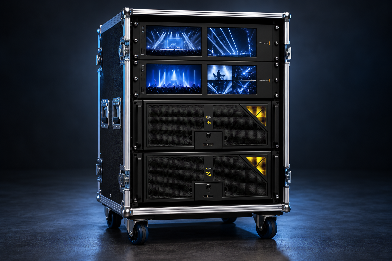 Concept rack with two PIXERA FOUR RS servers and two Blackmagic dual-monitor panels