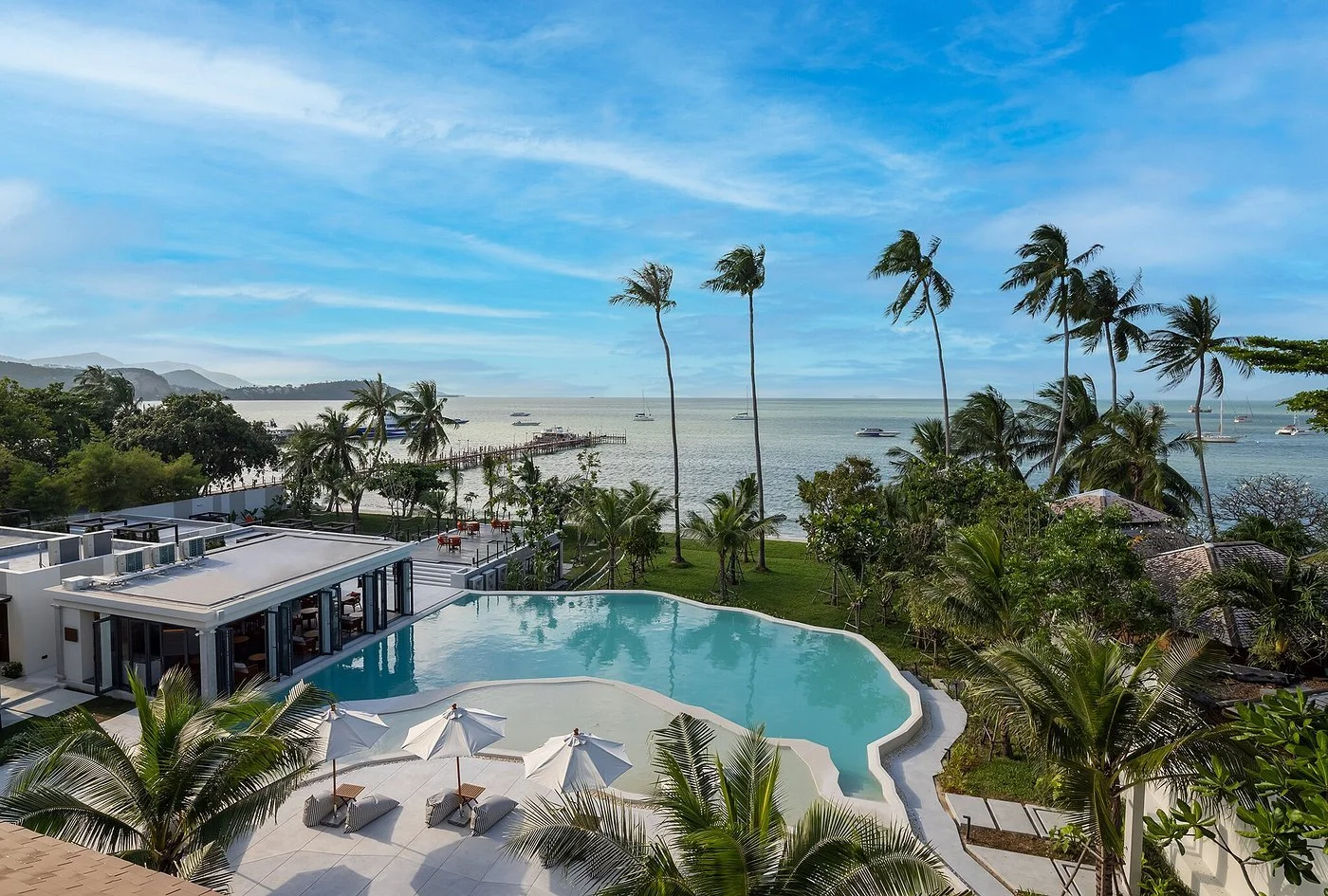 Aerial view of the beachfront pool and Bophut Beach at the 5-star partner hotel, Koh Samui