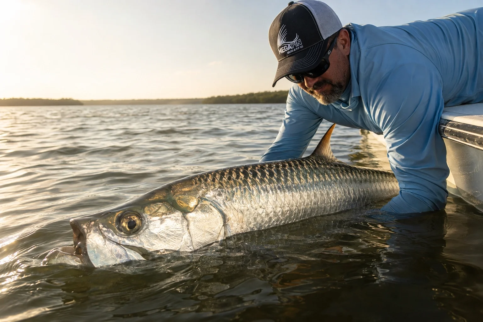 Florida Keys tarpon being released at the surface showing chrome silver scales and fly in the corner of its mouth
