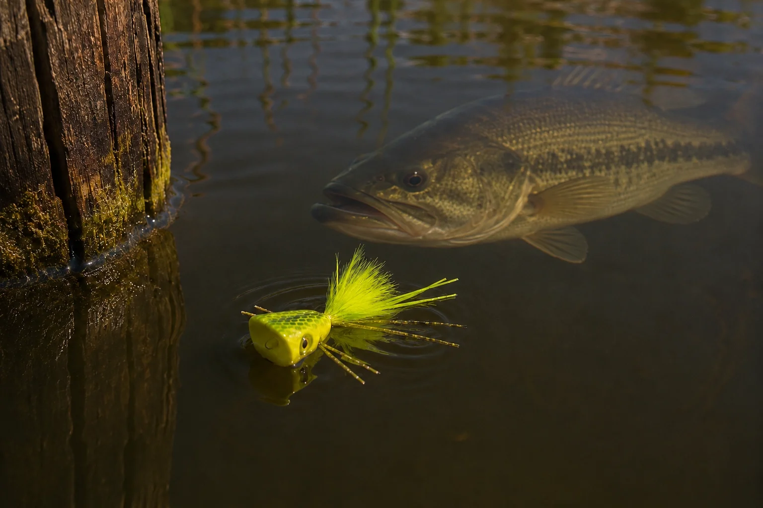 Mega Bass Bug Popper fished near dock structure &mdash; largemouth bass topwater fly