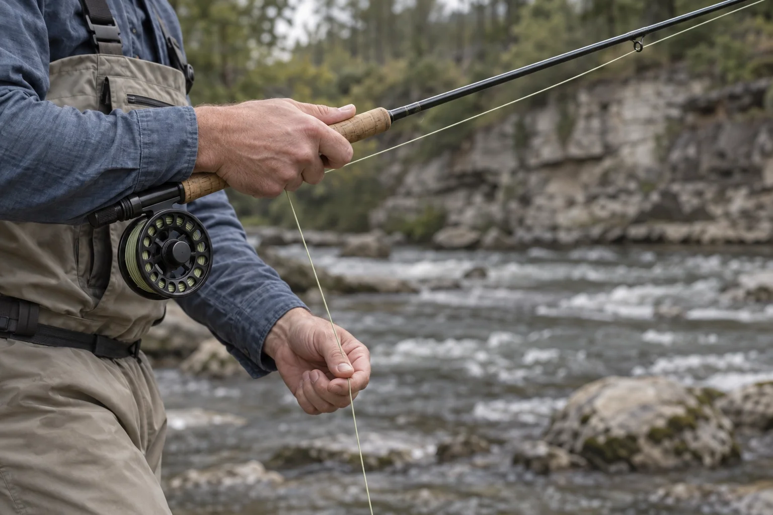 Angler mending and managing fly line to control a streamer's depth in current