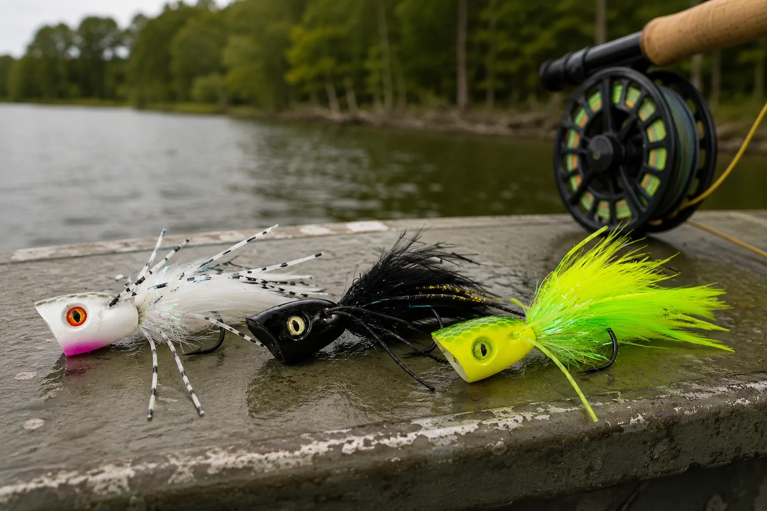 Megafin Mega Bass Bug Poppers in white, chartreuse, and black in the field