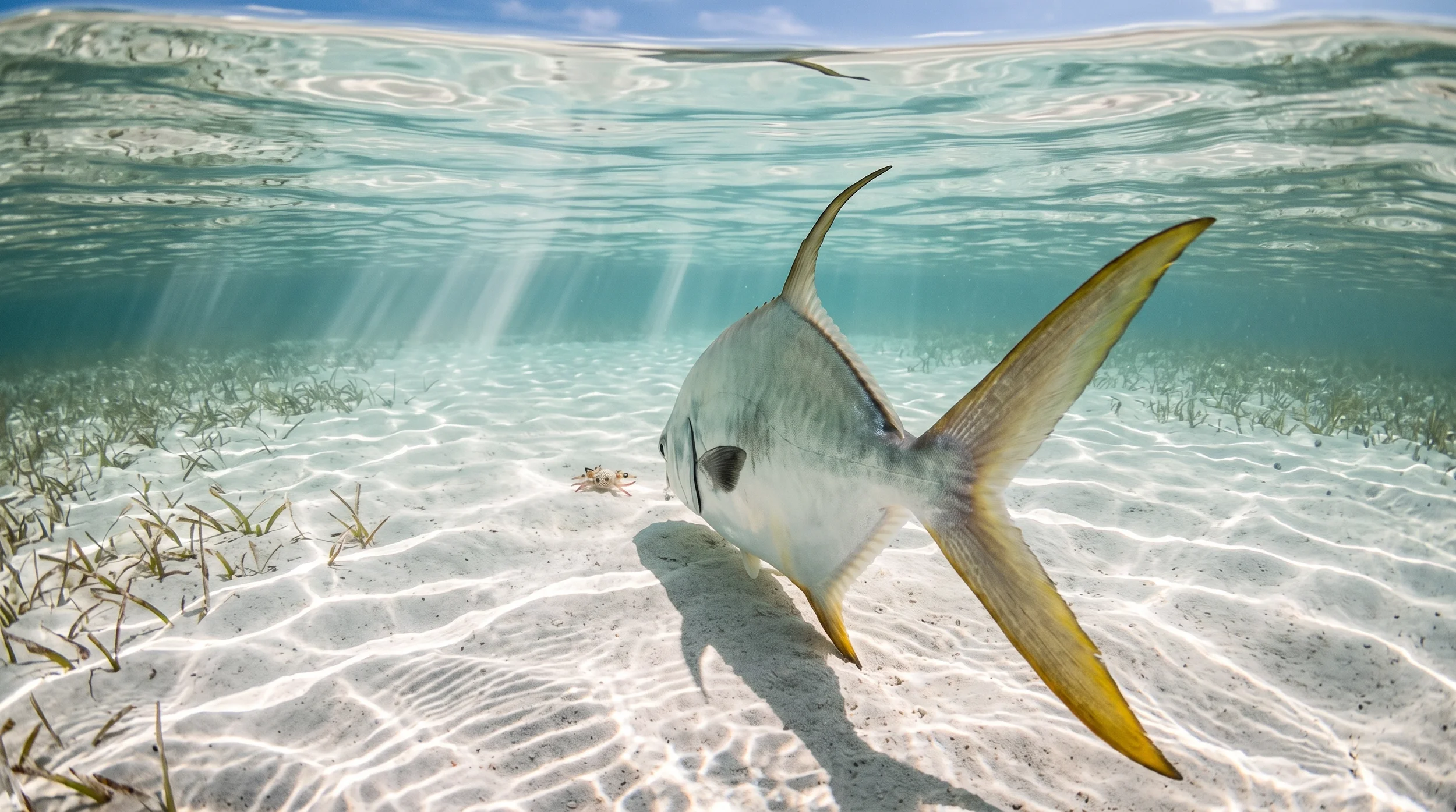 Permit following crab fly underwater ‚Äî evaluation moment