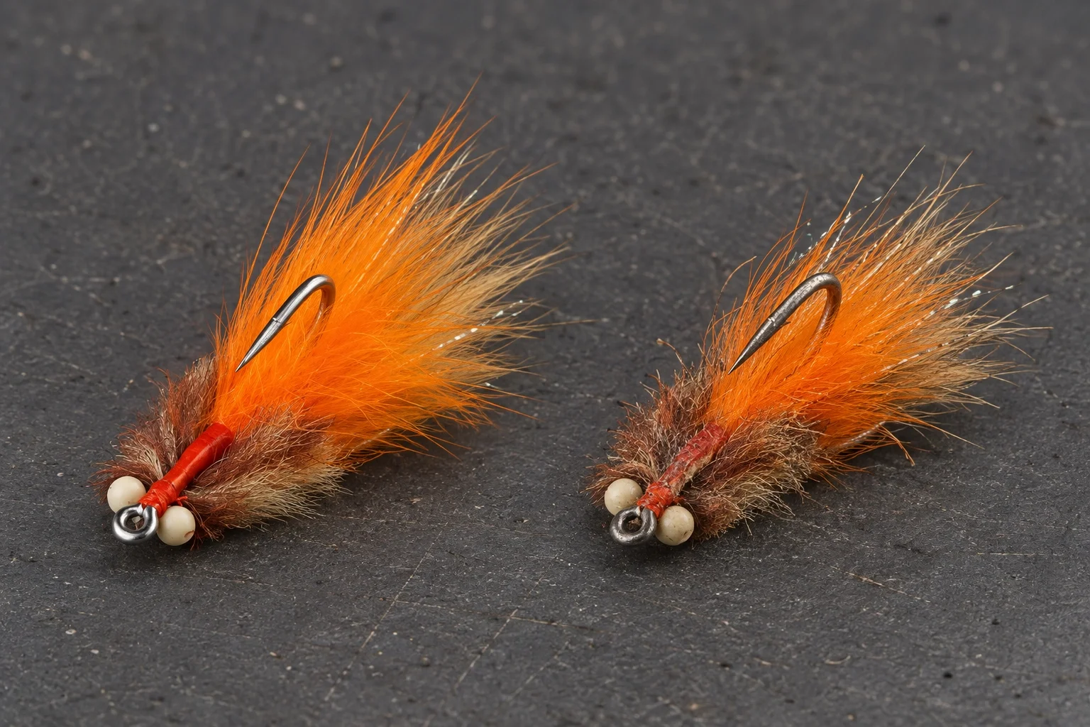 A well-used fly beside a freshly tied one, showing real wear