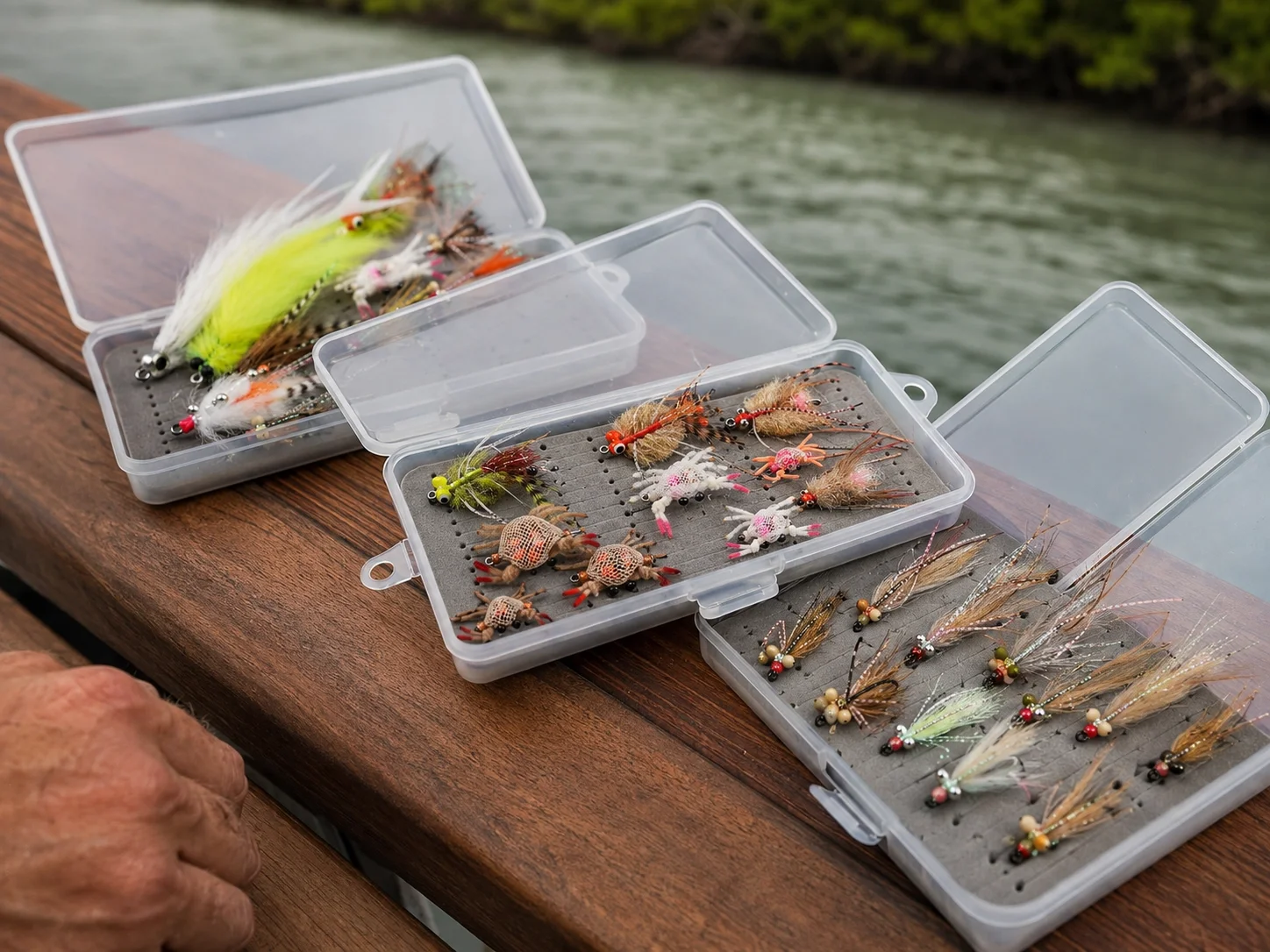 Open fly box on a flats skiff gunwale showing organized tarpon, permit, and bonefish patterns for a Florida Keys fishing day