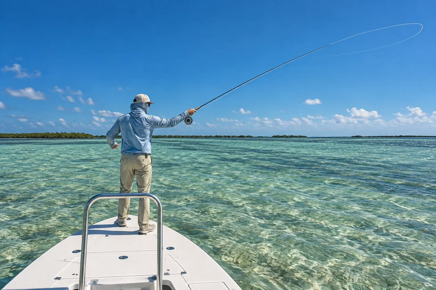 An angler on the bow of a skiff casting across clear, shallow water under a bright blue sky.