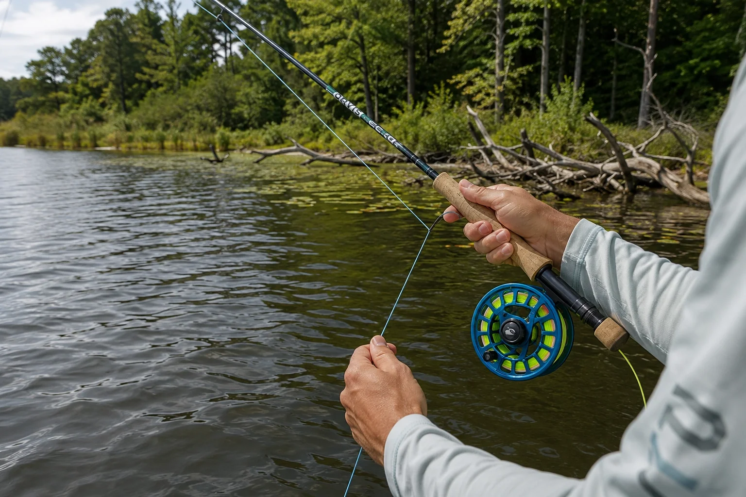 Angler setting the hook with a low rod and a hard line-hand strip