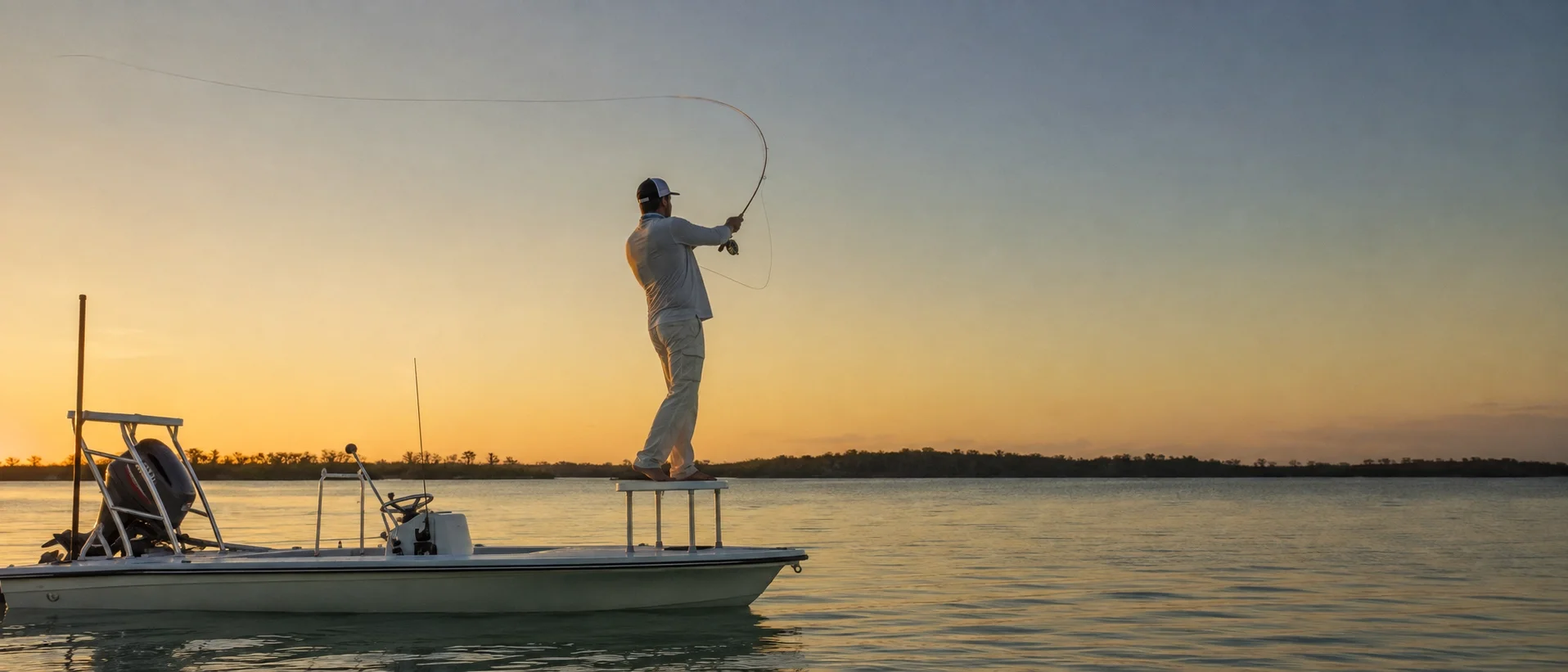 Fly angler standing on the bow of a flats skiff at dawn casting to tarpon in the Florida Keys