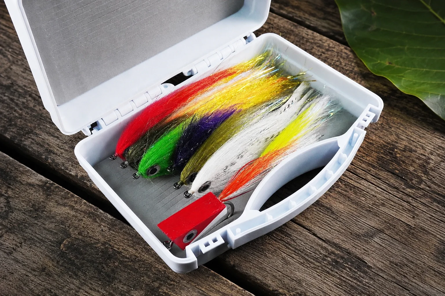 The seven warmwater predator flies laid out in a fly box &mdash; Megafin Journal complete predator selection