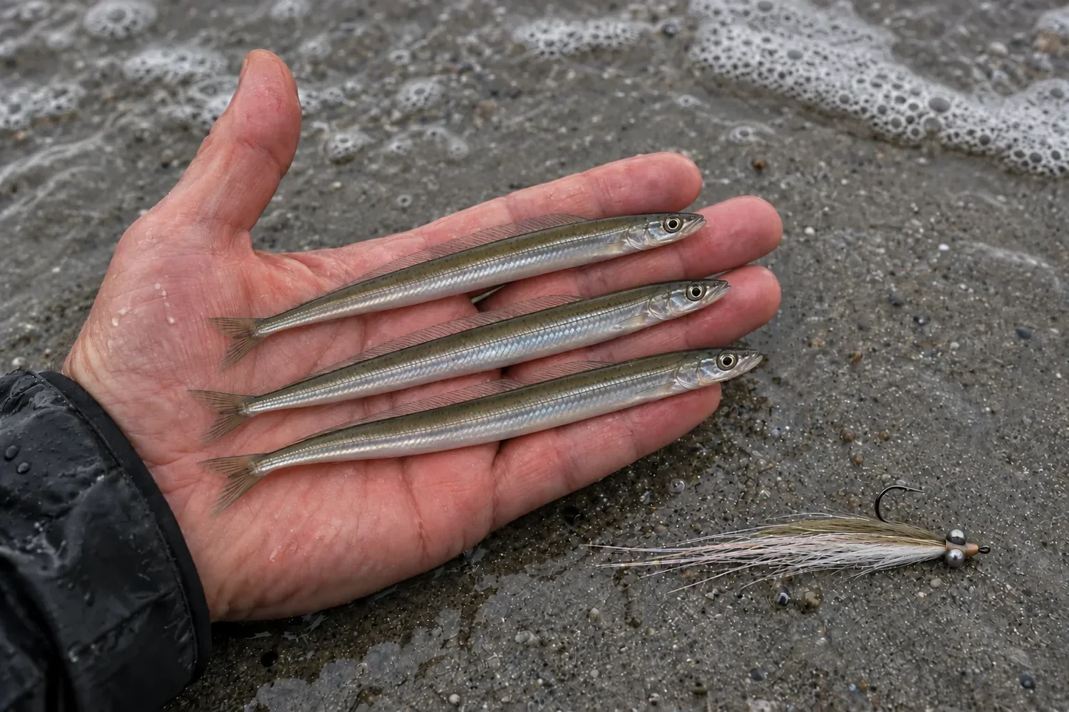 Three sand eels on a wet palm above the sand, with a slim olive-and-white fly with dumbbell eyes beside them