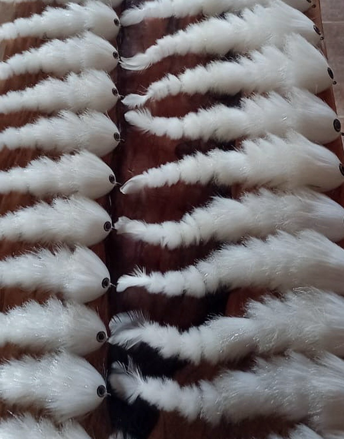 Rows of Megafin brush flies drying on a tying board
