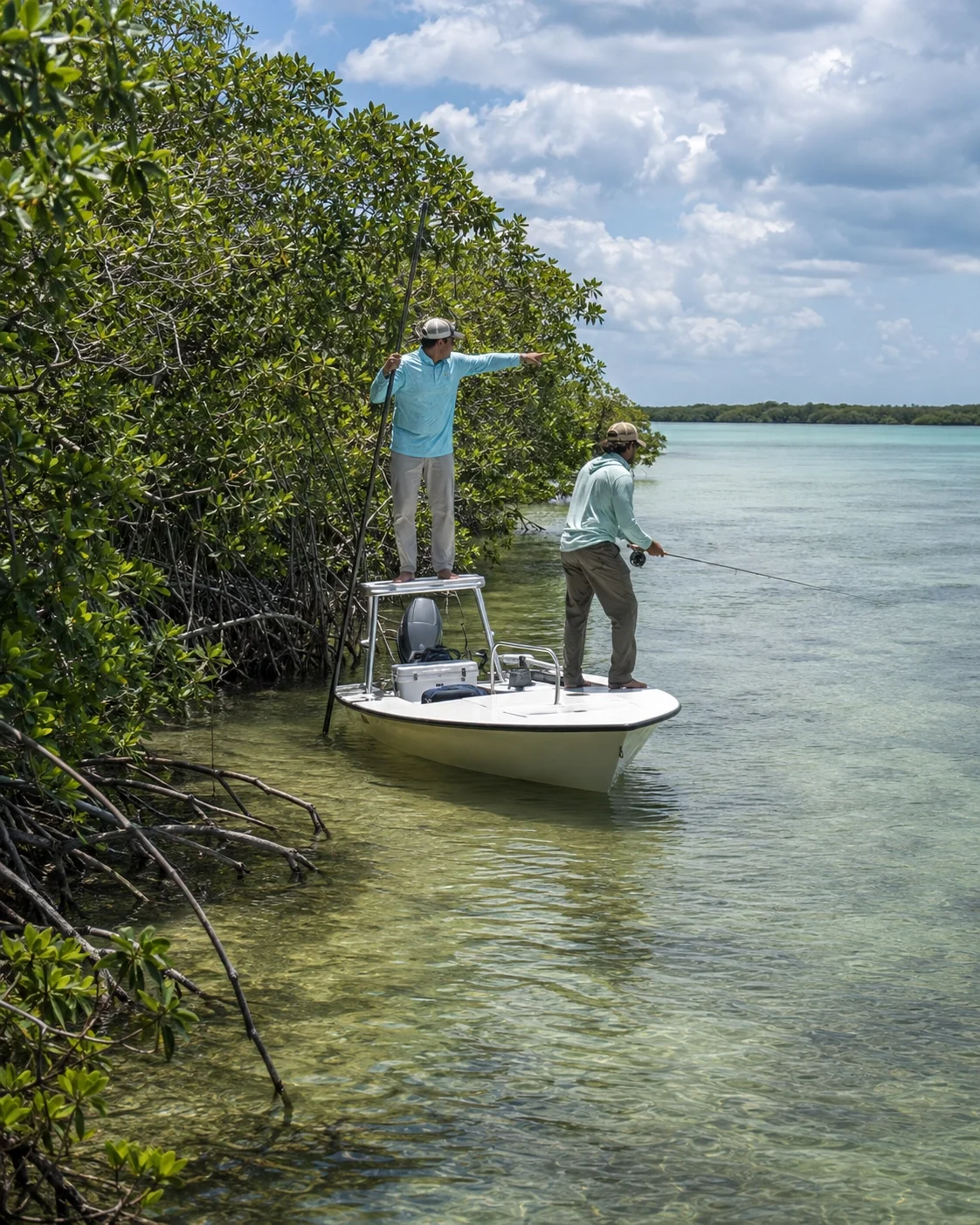 Permit fly fishing along mangrove flats in the Yucatan and Belize