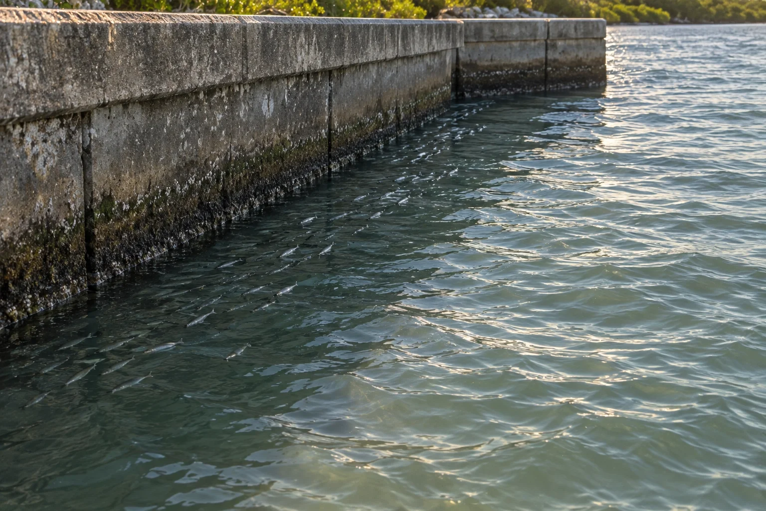 A snook holding tight to a seawall ambush point during the mullet run