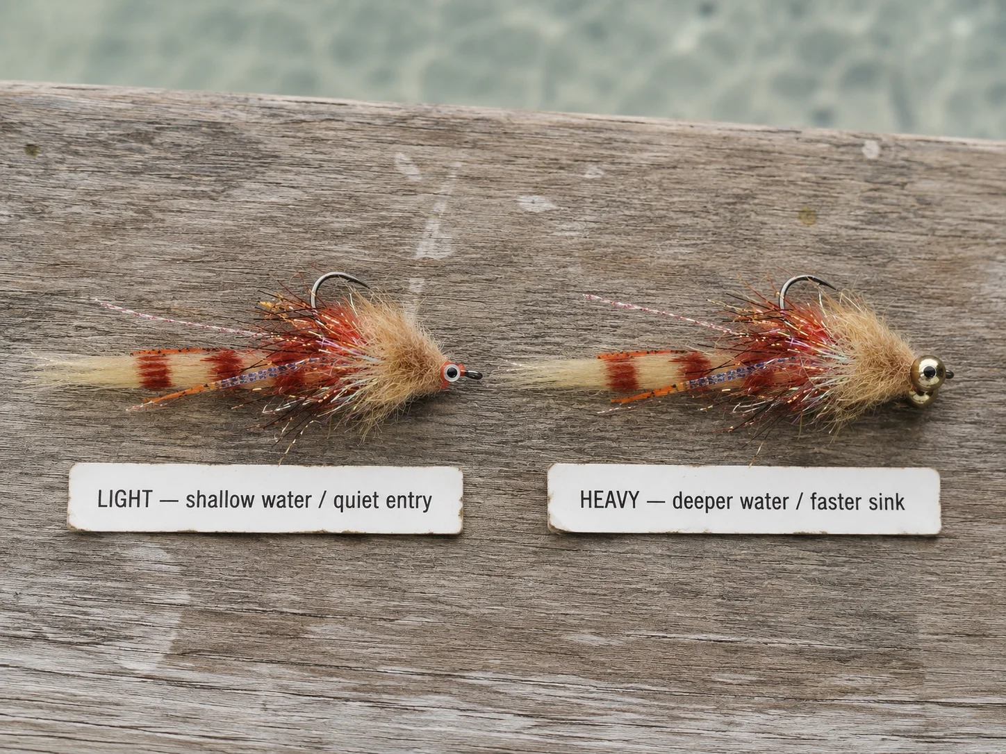 Two shrimp fly patterns side by side showing different bead eye weights