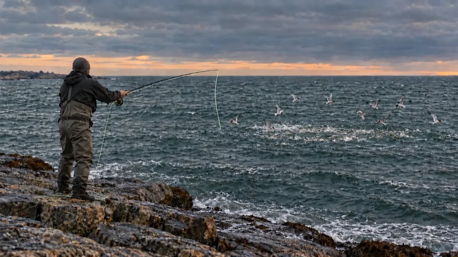 Fly angler on a rocky shoreline casting toward breaking fish under diving terns beneath an overcast sky