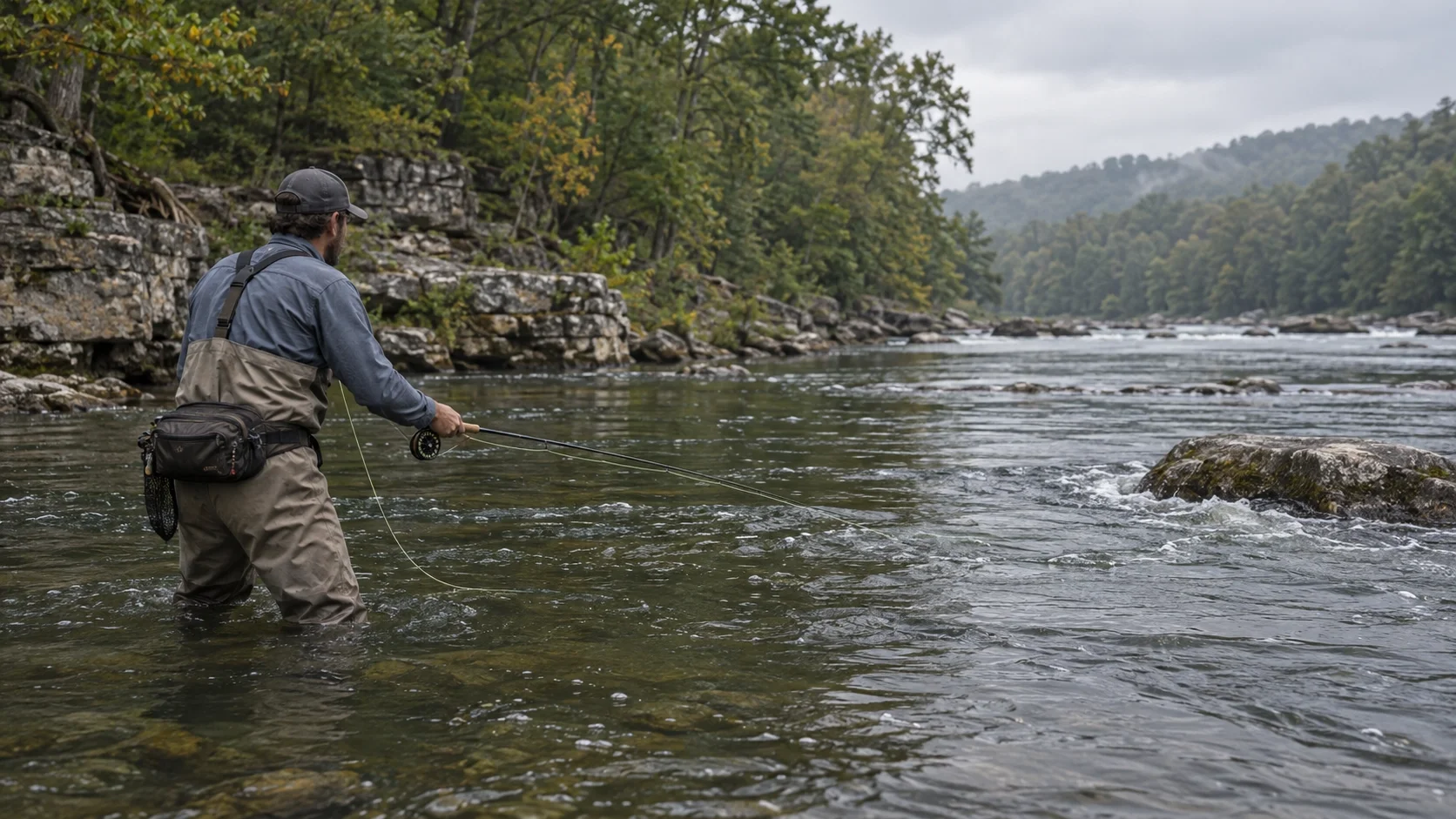 Fly angler swinging a streamer through a rocky river run for smallmouth bass