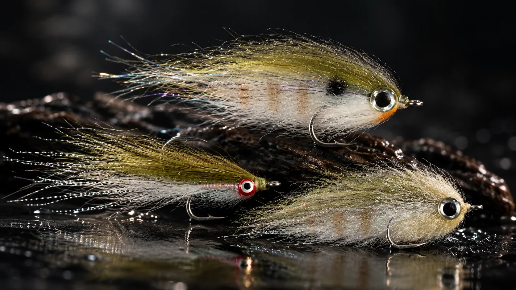 Three Megafin snook flies — a weighted Clouser, a wide Persuader Pinfish, and a compact Mini Hammer baitfish