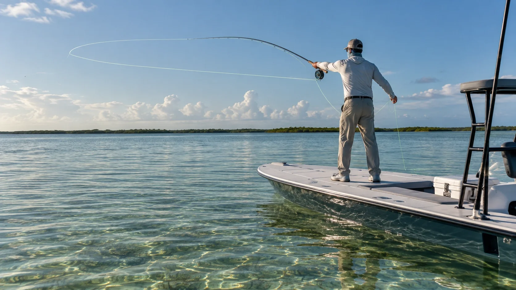 Fly angler casting from a shallow skiff in saltwater marsh, rod loaded in mid-cast presentation