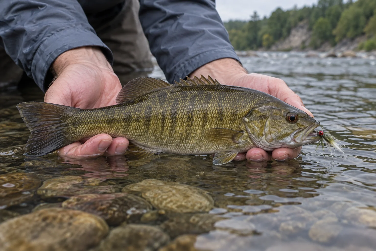 A river smallmouth bass held low in the water before release