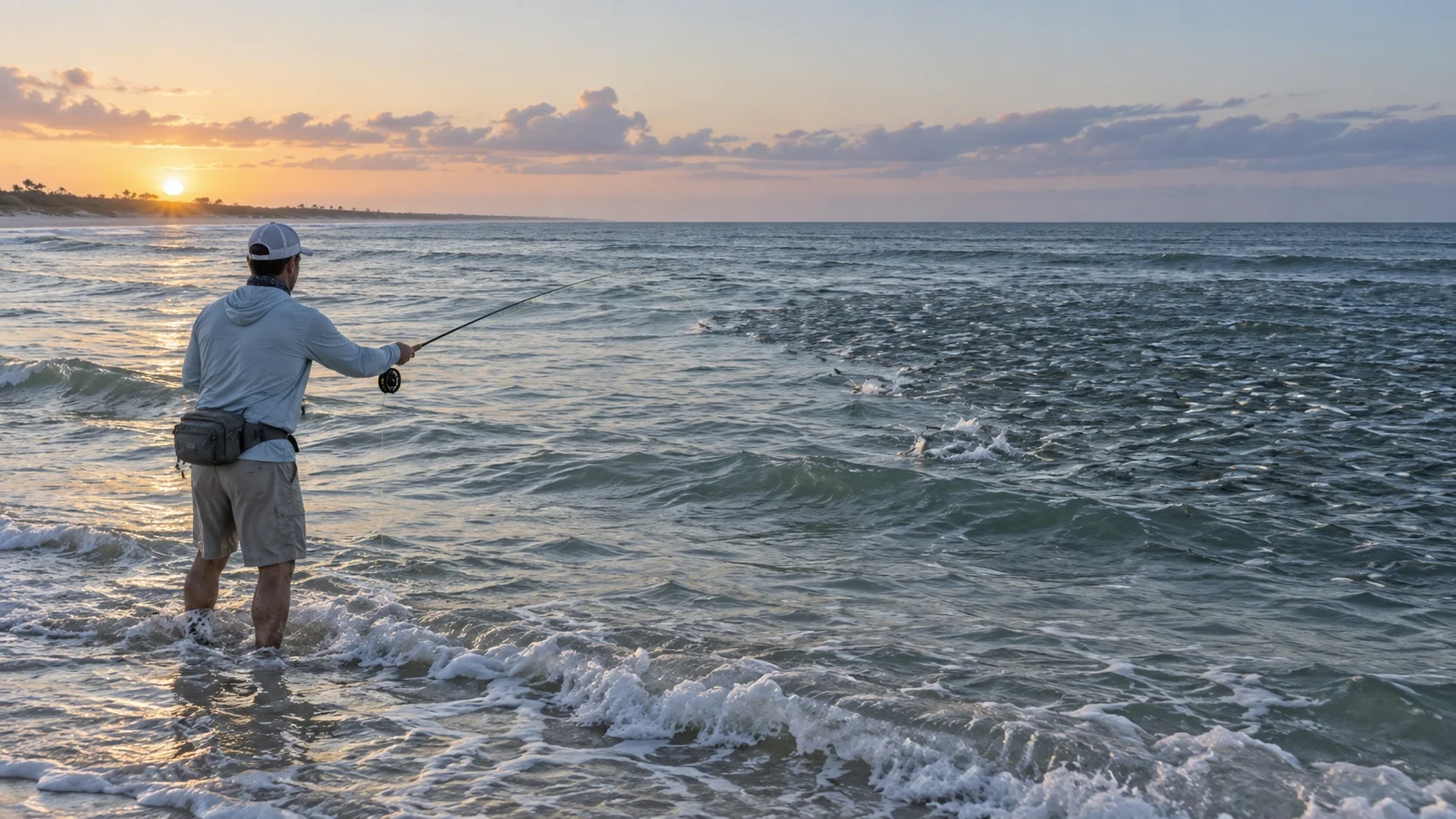 Snook feeding along the edge of a finger-mullet school at first light during the fall run
