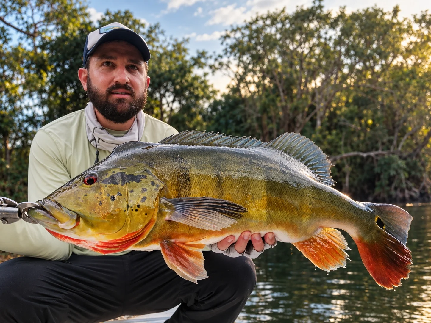 Angler kneeling in a boat holding a large golden peacock bass with faint dark bars, a speckled head and a dark eyespot at the base of the tail, forest behind