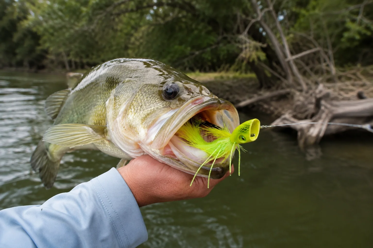 A healthy bass held low to the water with a popper in its jaw