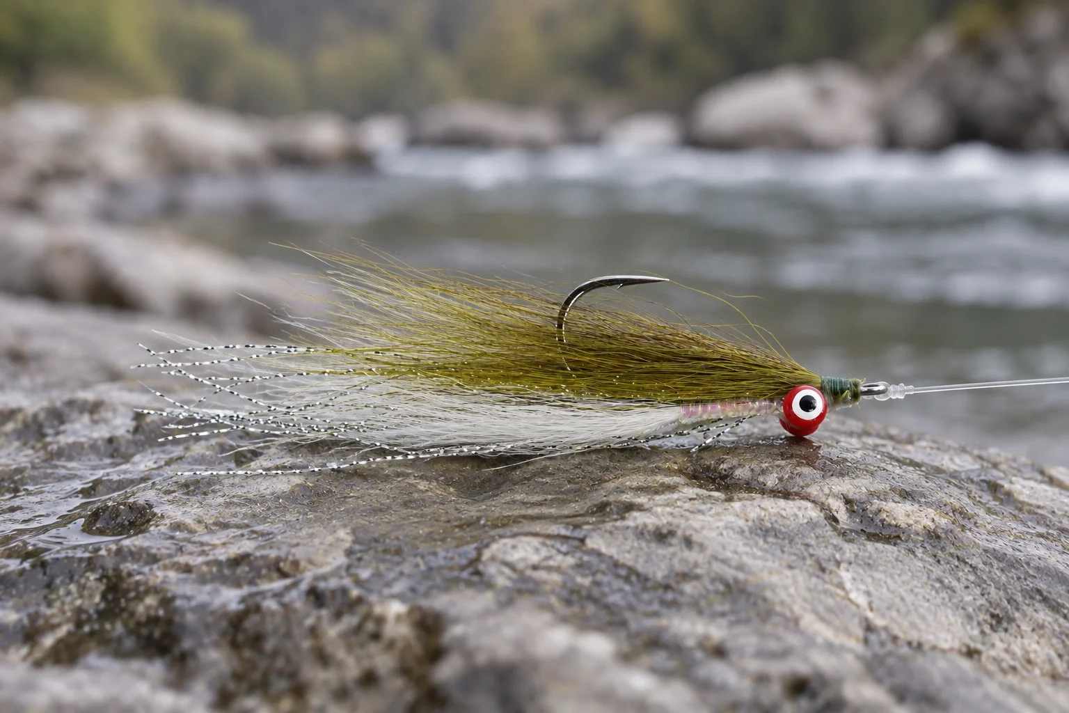 Close-up of a Clouser Minnow showing its weighted dumbbell eyes