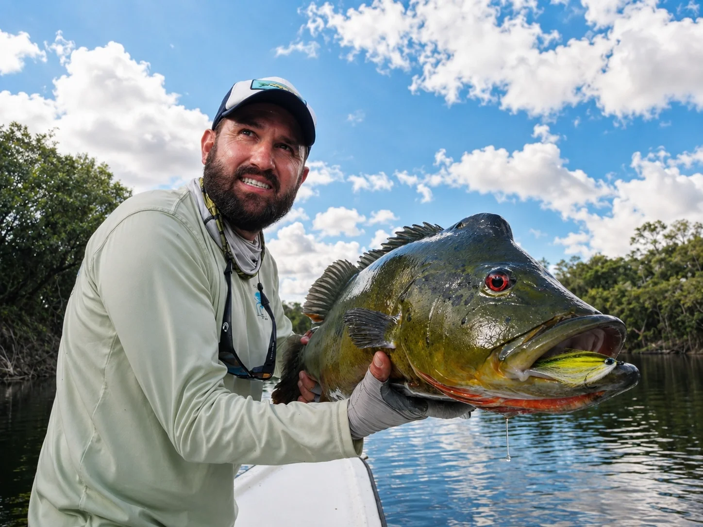 Peacock bass caught on MF Mega Hollow Baitfish fly in Amazon jungle river