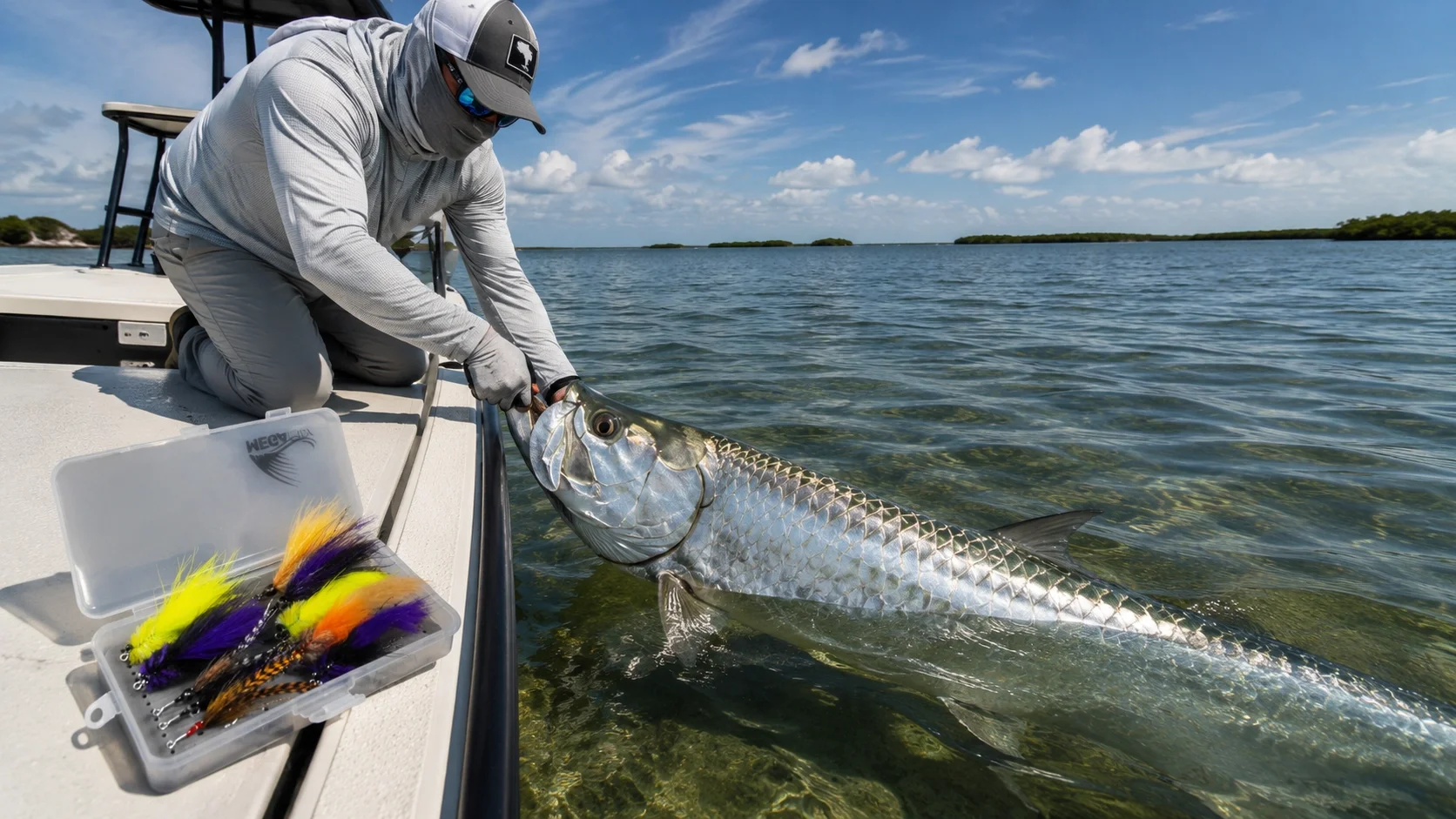 Florida Keys tarpon beside a Megafin tarpon fly assortment on a flats skiff