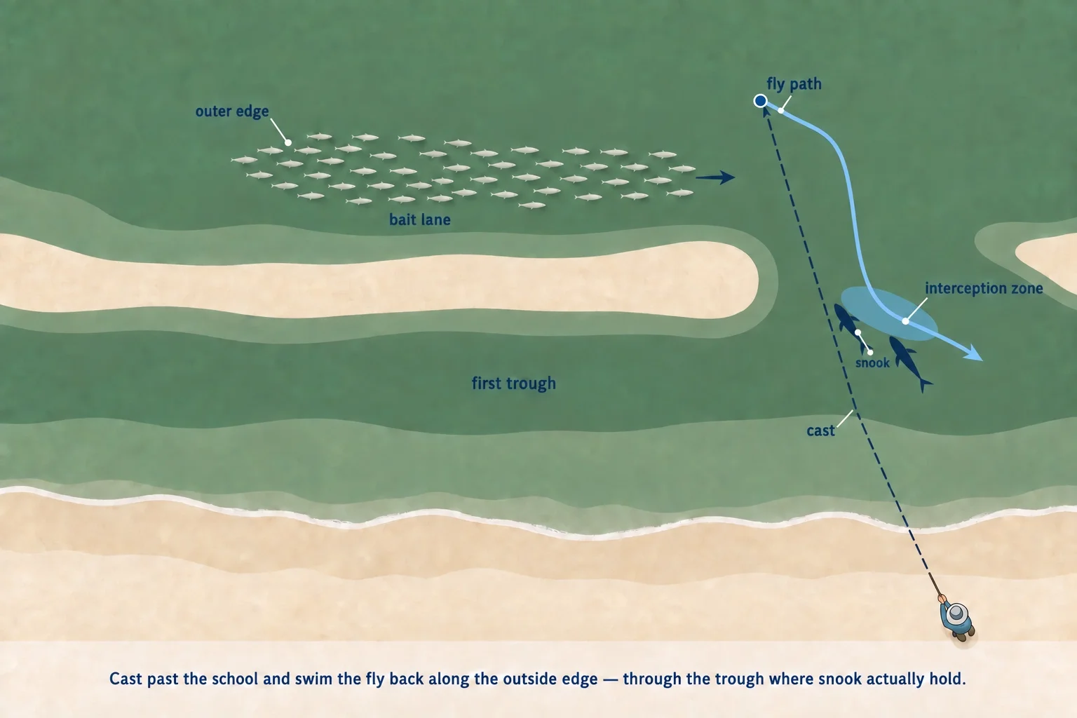 Top-down diagram: casting past a beach mullet school and swimming the fly back along the outer edge through the trough where snook hold