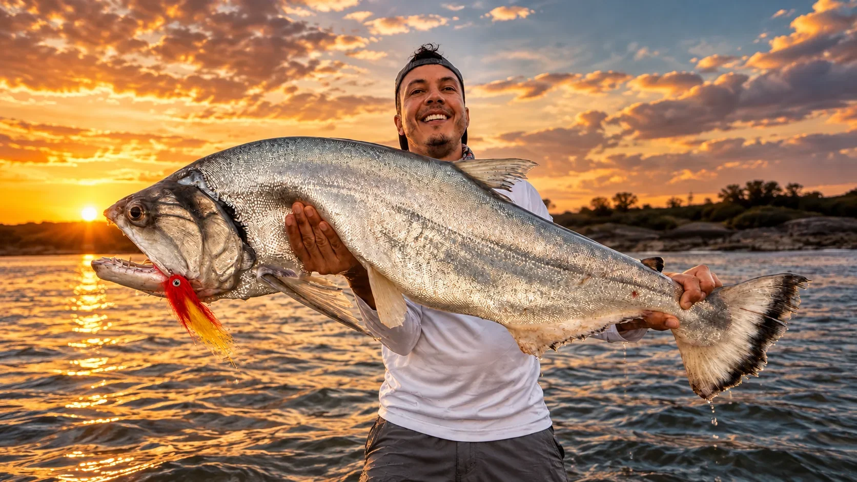 Smiling angler holding a large silver payara, a red and yellow streamer fly in its fanged jaw, river and rocky shore behind
