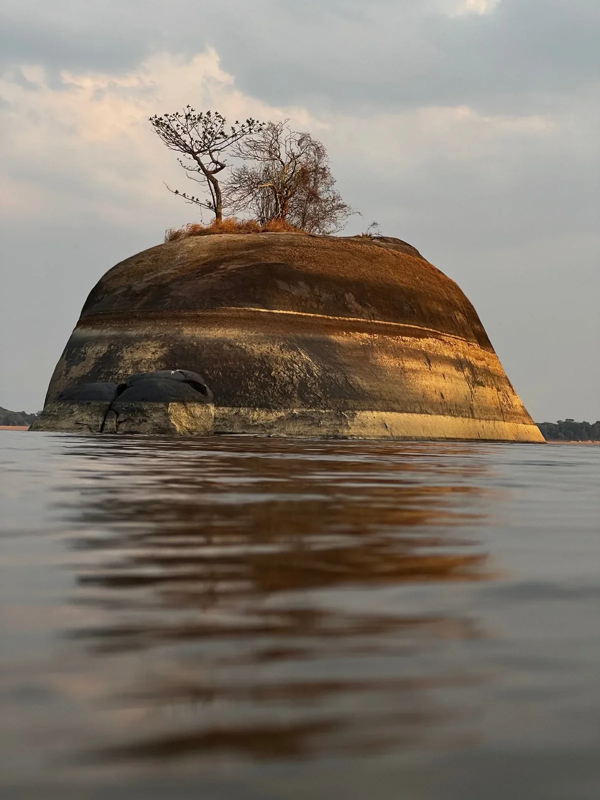 Rounded granite outcrop rising from calm river water, its face marked by horizontal bands of color, two small trees on top