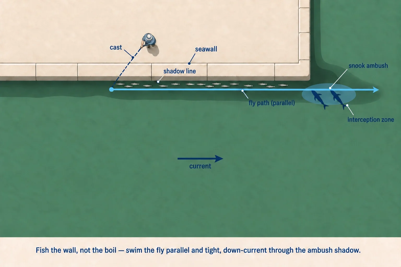 Top-down diagram: swimming the fly parallel and tight to a seawall, down-current through the shadow line where a snook ambushes