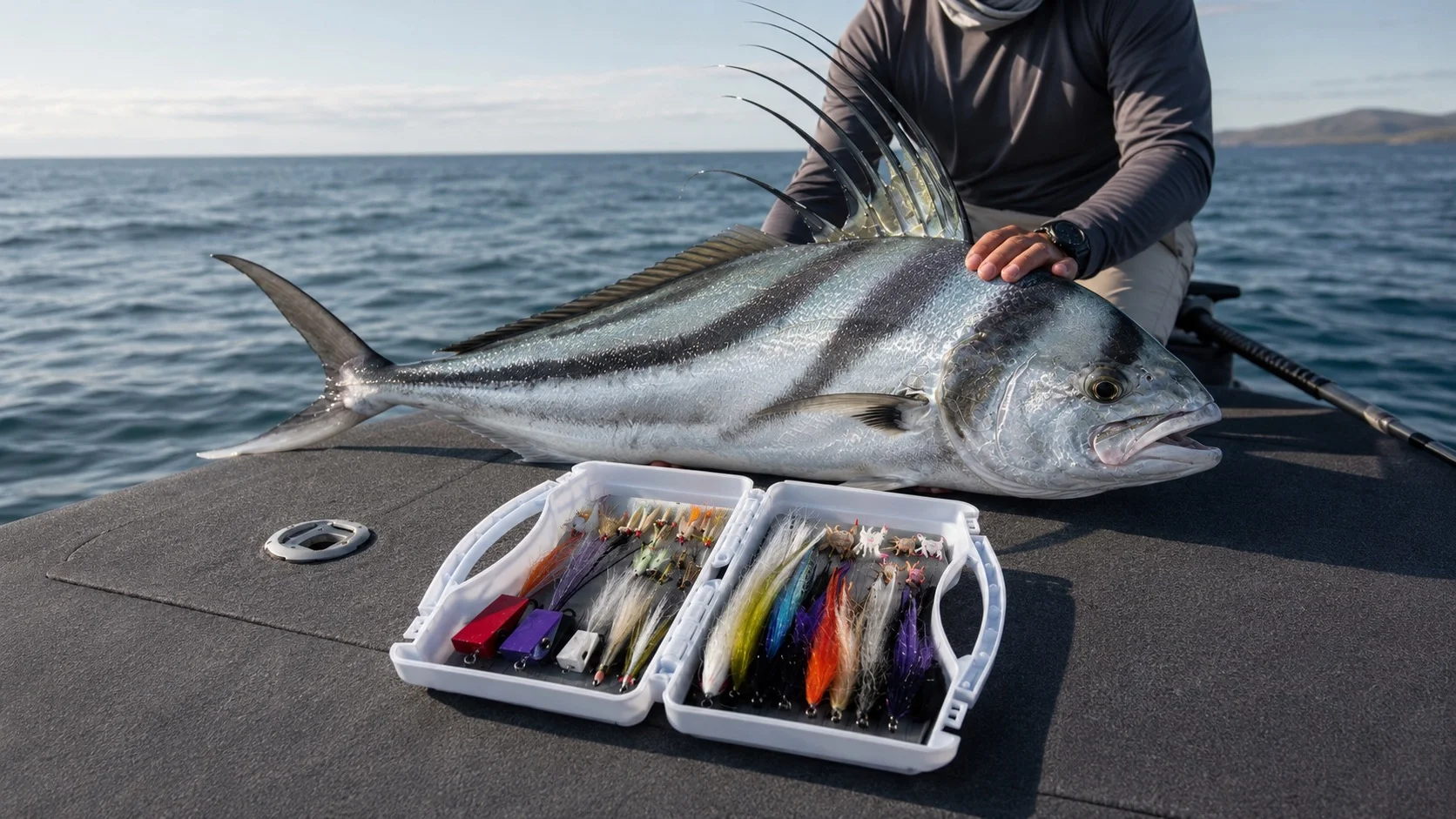 Roosterfish on skiff deck beside Megafin predator fly assortment