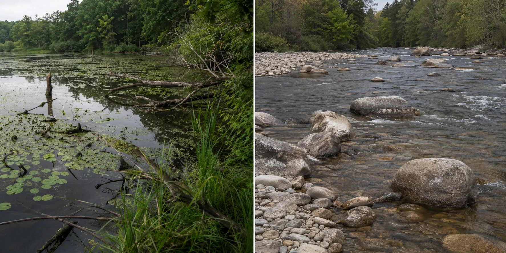 Weedy largemouth cover beside a rocky smallmouth current seam