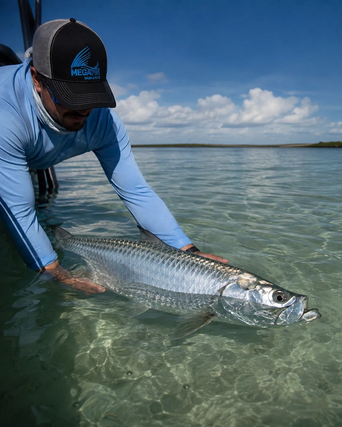 A tarpon held horizontally in the water at release