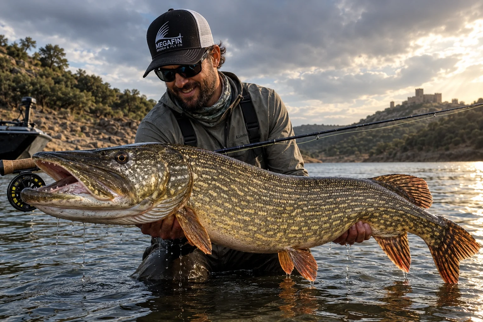 Northern pike near weed edge &mdash; MF Best Brush Fly subsurface pike fly pattern