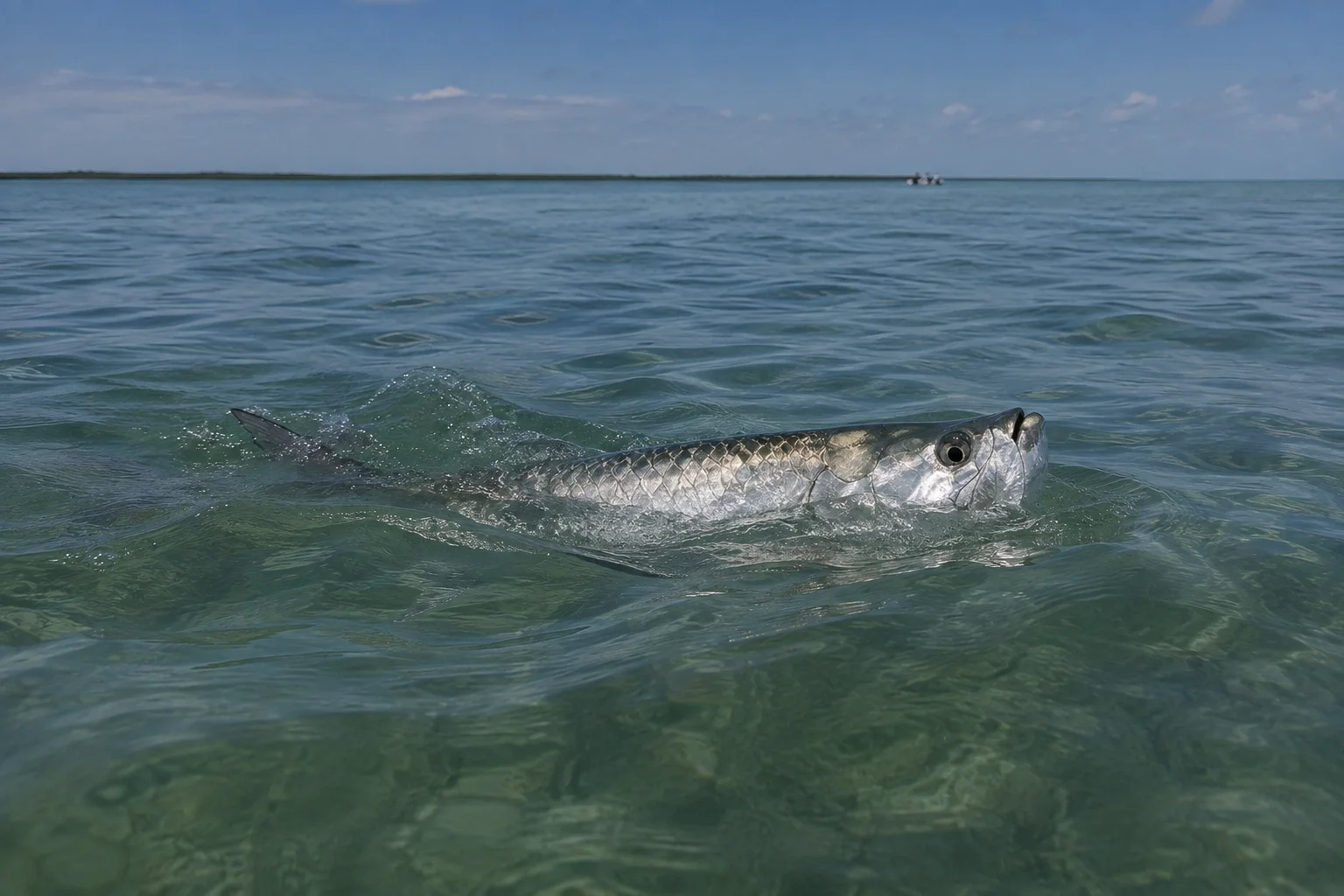 A tarpon rolling and gulping air at the surface on the flats