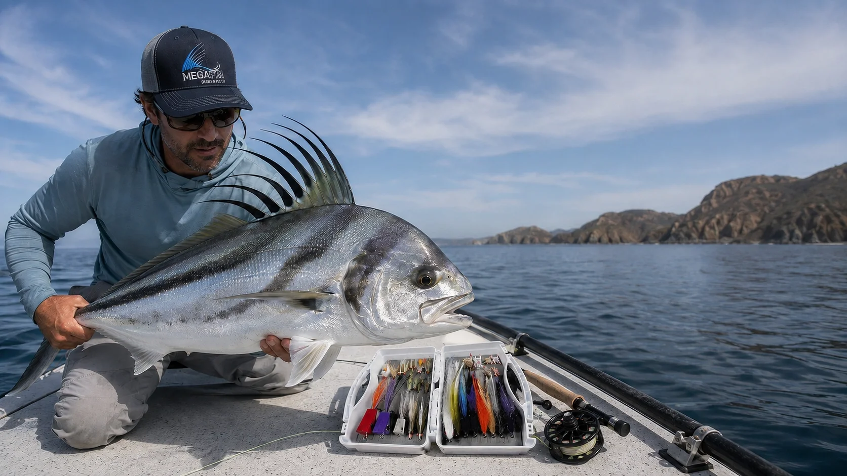 Roosterfish aboard a Baja skiff beside Megafin predator flies and saltwater fly fishing equipment