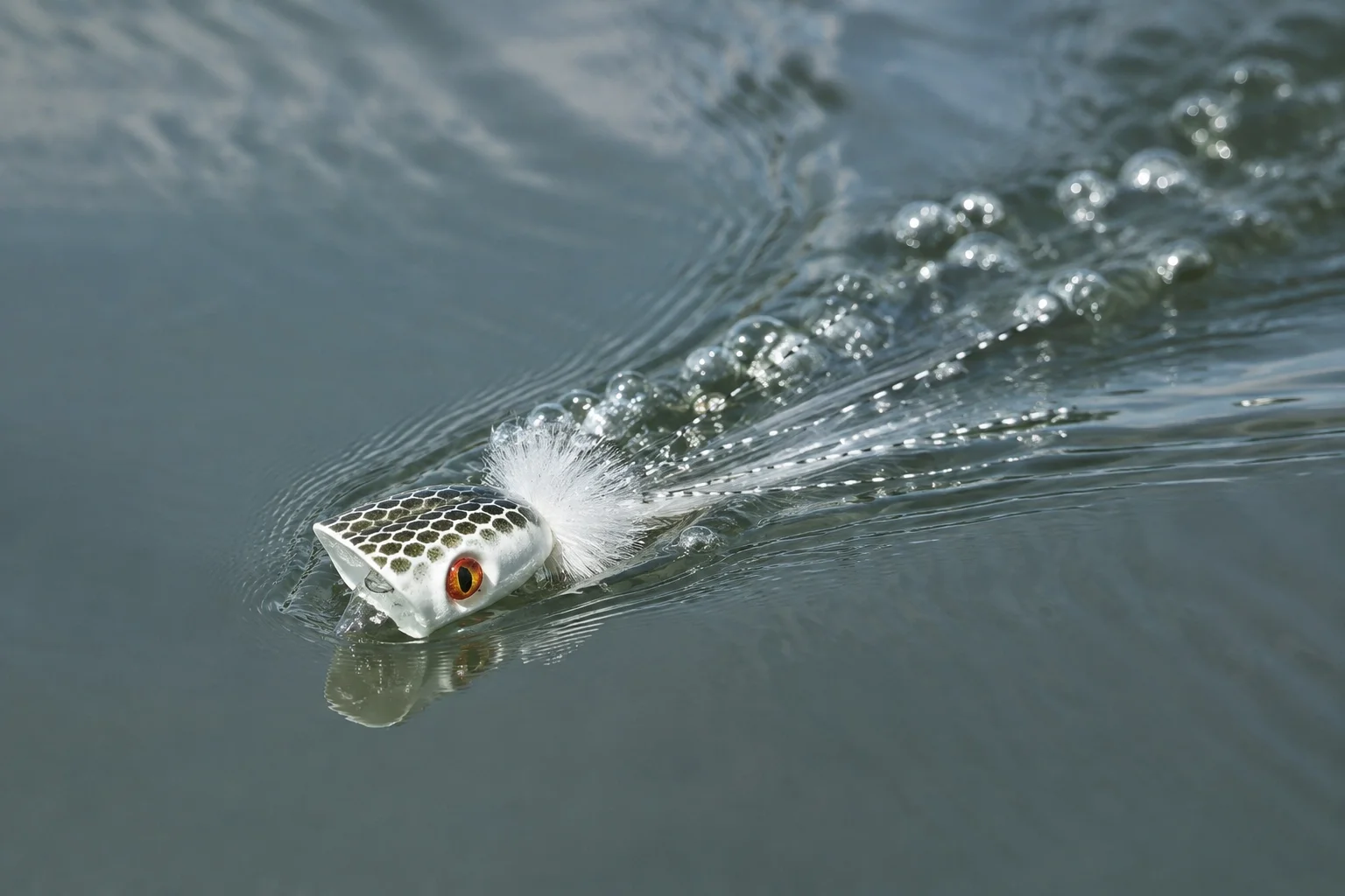 A bass popper resting motionless as the rings from the cast settle