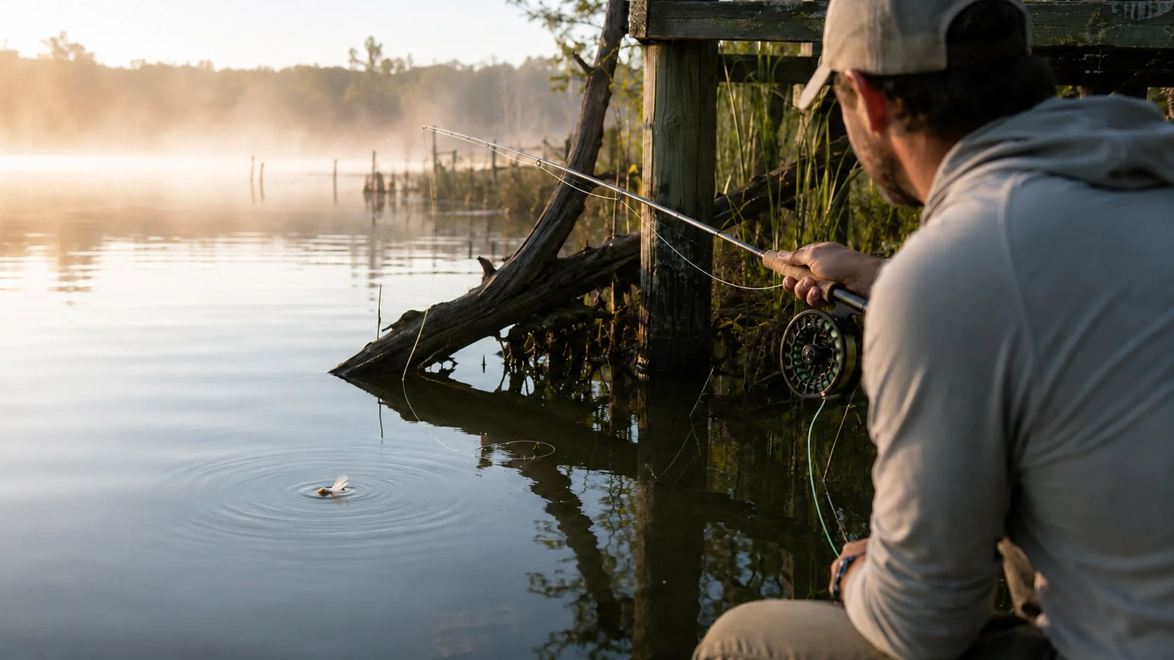 Fly angler working a bass popper tight to shoreline cover at first light