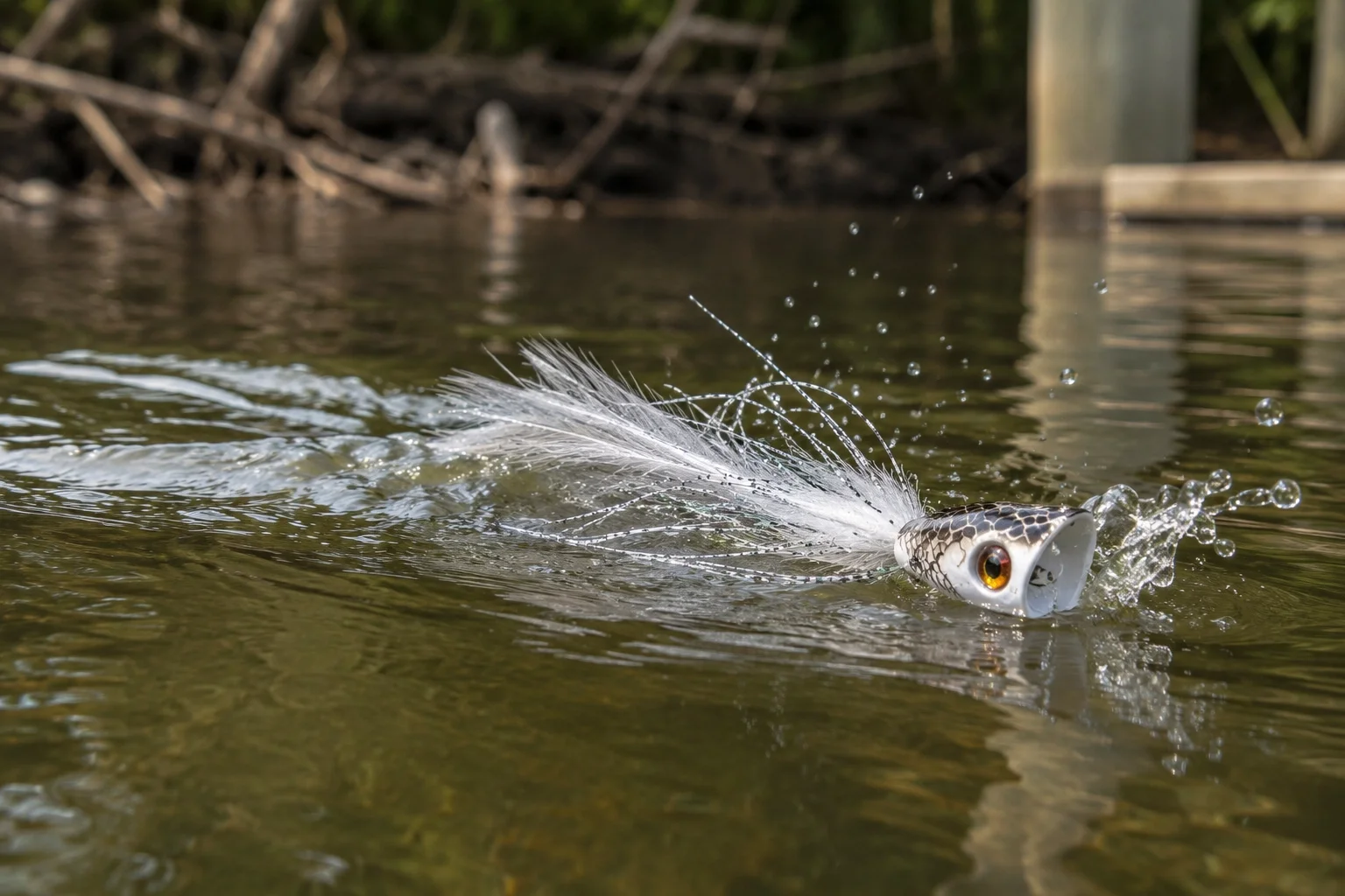 A bass popper throwing spray and a wake mid-retrieve
