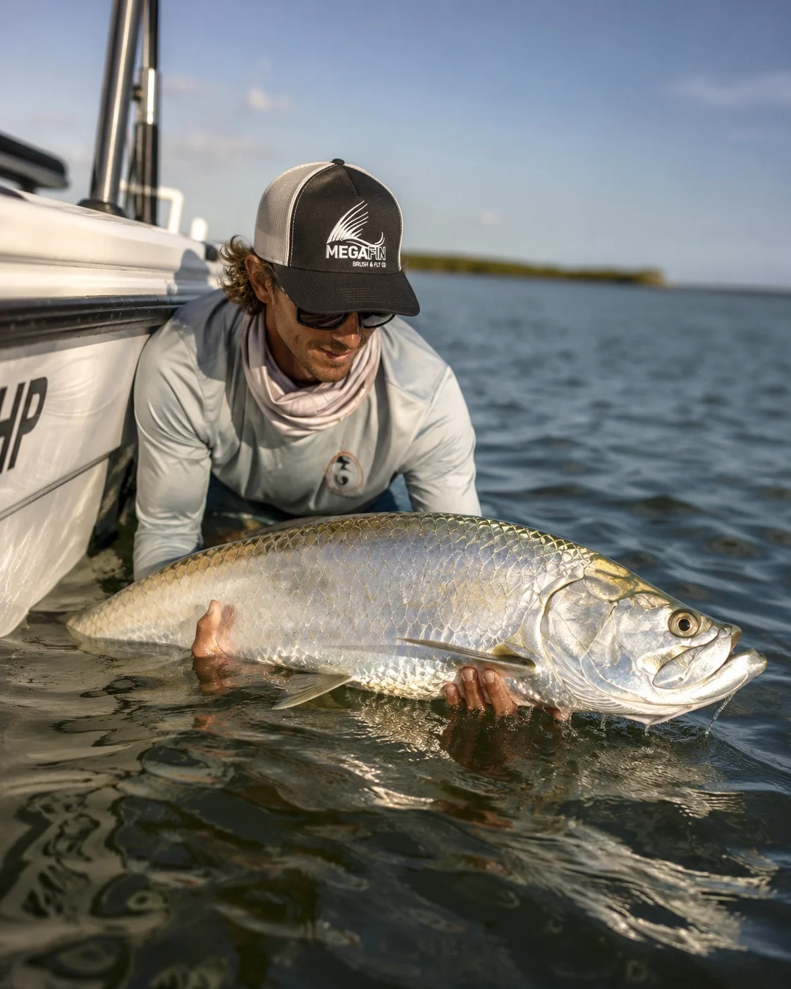 Angler releasing a silver tarpon beside a skiff after a saltwater fly fishing session
