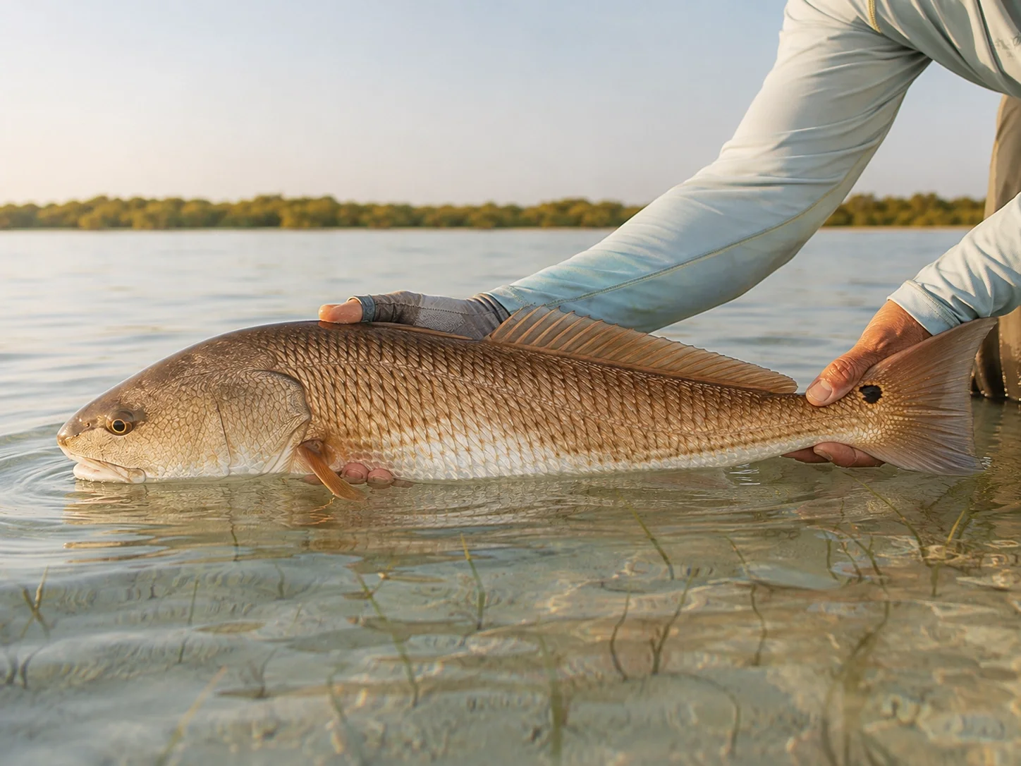 Fly angler releasing a healthy redfish at the water surface, fish held horizontally with both hands